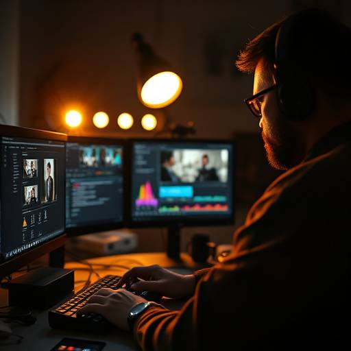 Imagen ilustrativa del proceso de postproducción de un video, mostrando un editor de video trabajando en un software de edición.