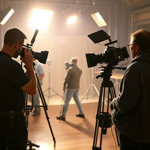 Imagen ilustrativa del proceso de producción de un video, mostrando un equipo de filmación trabajando en un set.